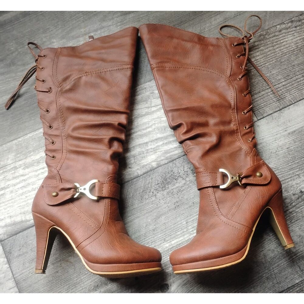 Top Moda Women's Size 5 Brown Faux Leather Heeled Boots